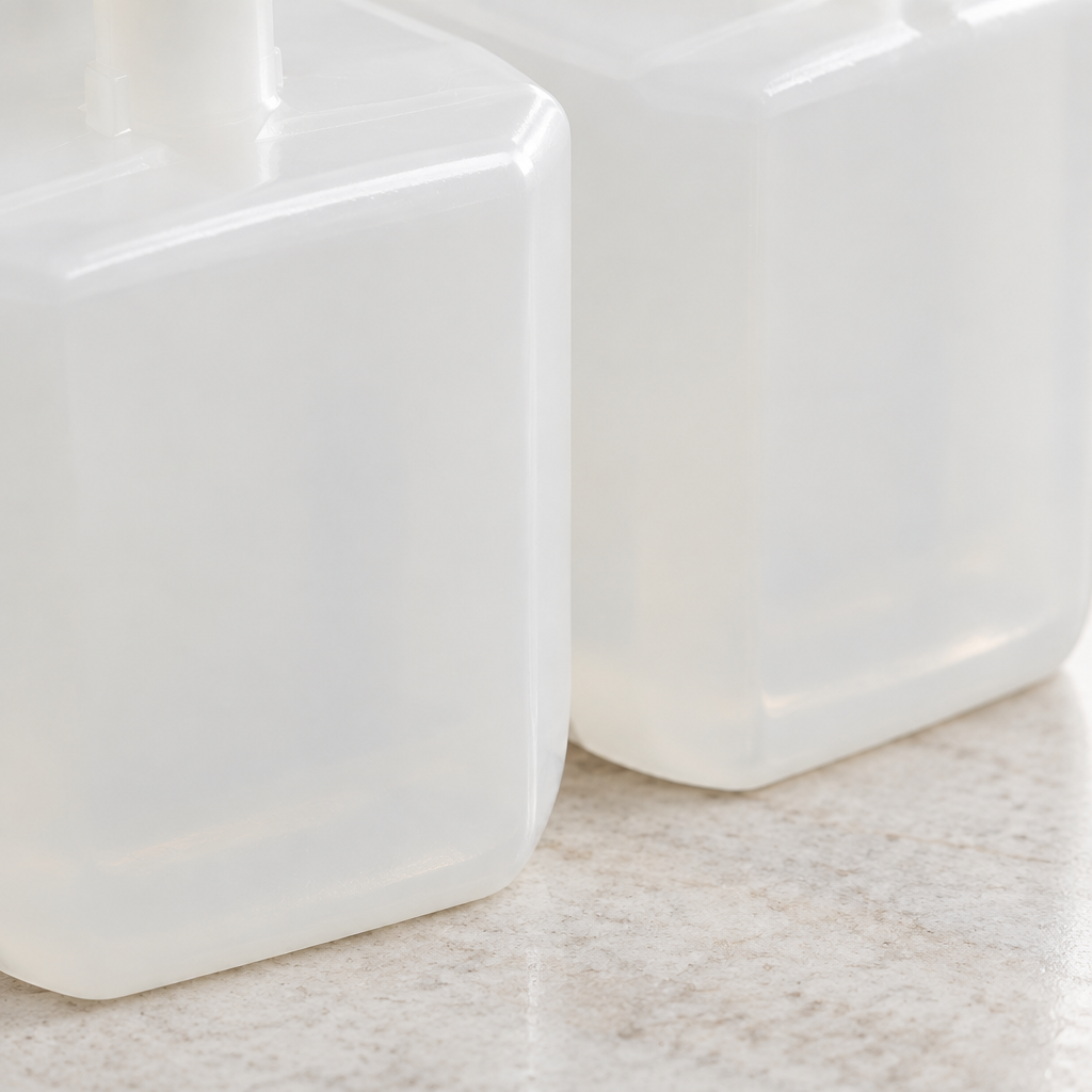 Detalje af Kleenex-refillernes lyse plastbeholdere på en bordplade