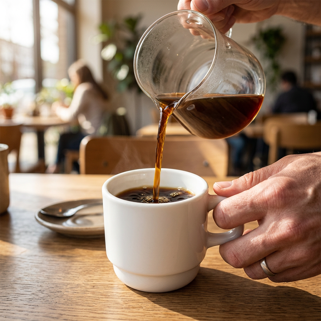 Kaffe hældes fra glaskande i hvid kop med hank