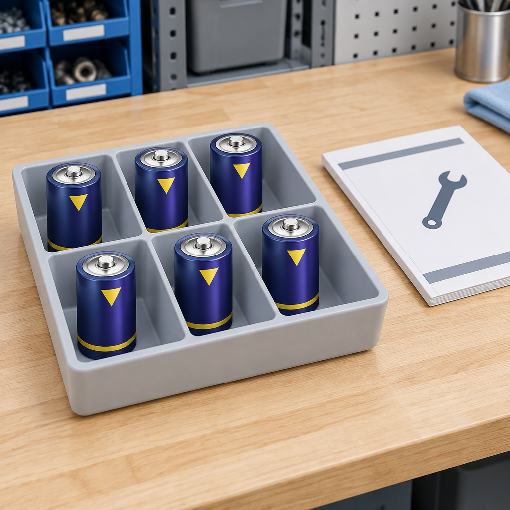 Stemningsillustration af D-batterier i separate rum i en vedligeholdelsesbakke