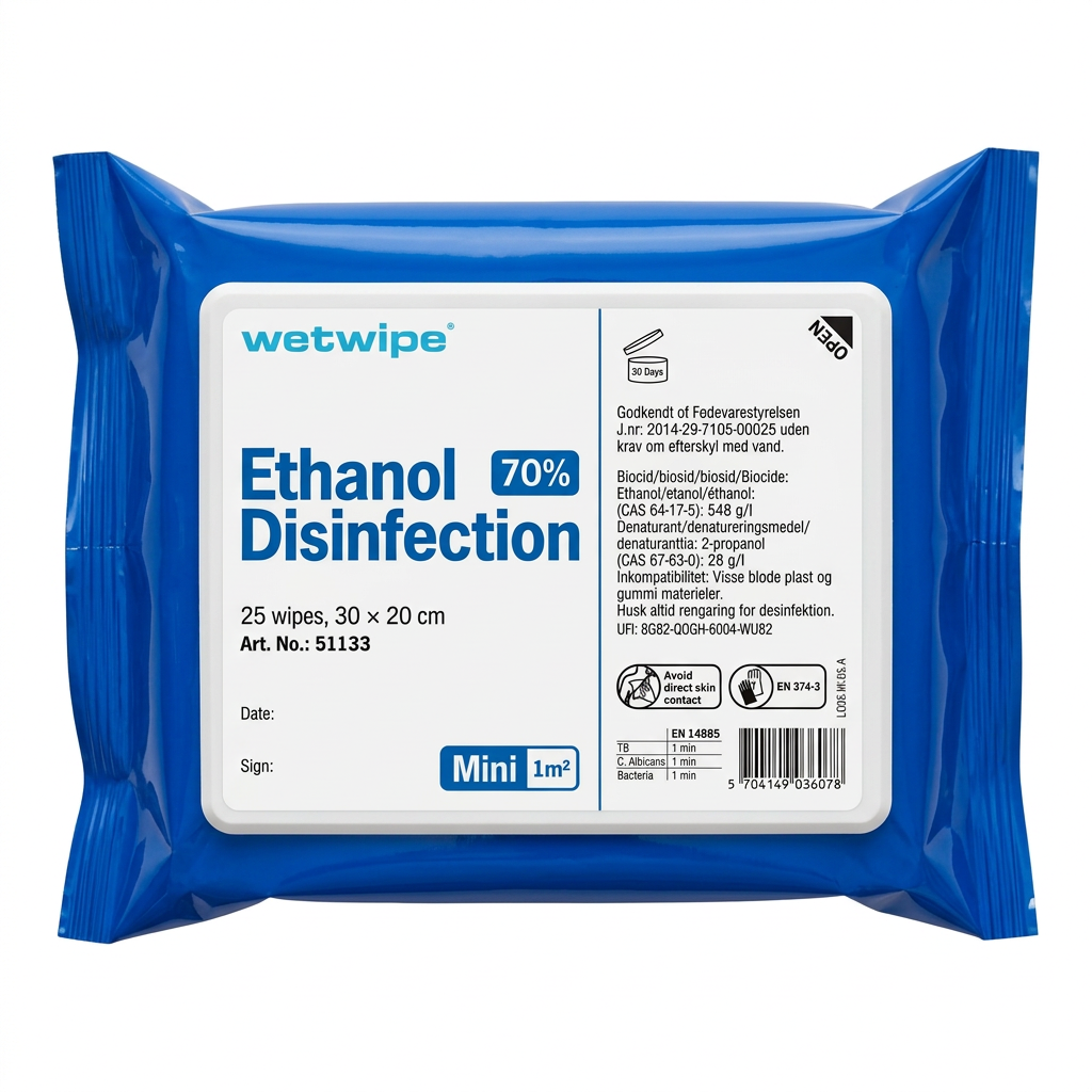 Wet Wipe Ethanol Disinfection Mini 70 %, 25 klude à 30 × 20 cm, på hvid baggrund