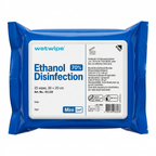 Wet Wipe Ethanol Disinfection Mini 70 %, 25 klude à 30 × 20 cm, på hvid baggrund