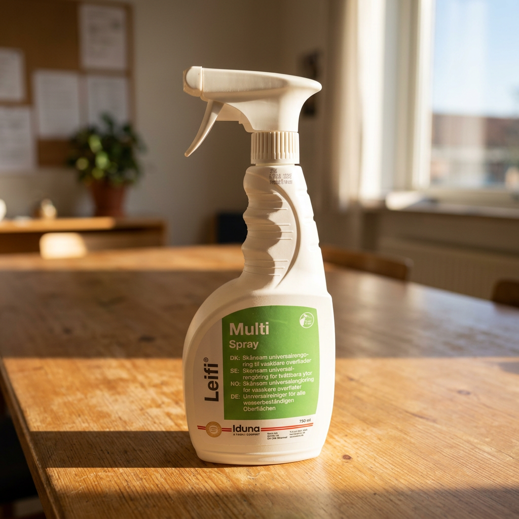 Stemningsbillede af Leifi MultiSpray på bord i sollyst personalerum