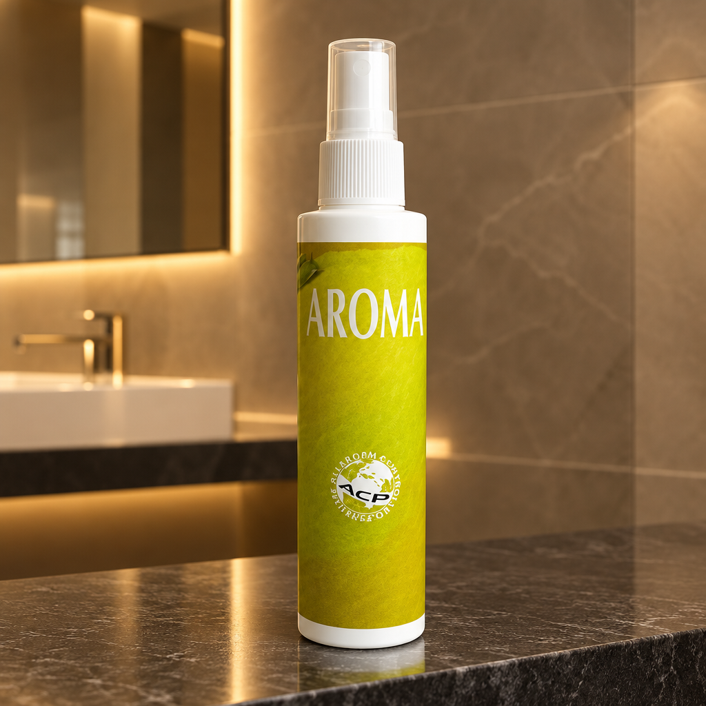 AROMA duftspray i et moderne vaskerum med varm belysning