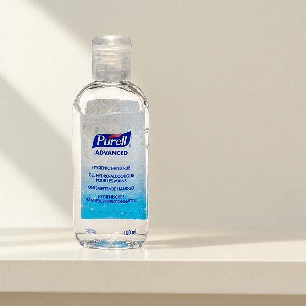 Purell Advanced 100 ml på lys hylde i dagslys, stemningsbillede