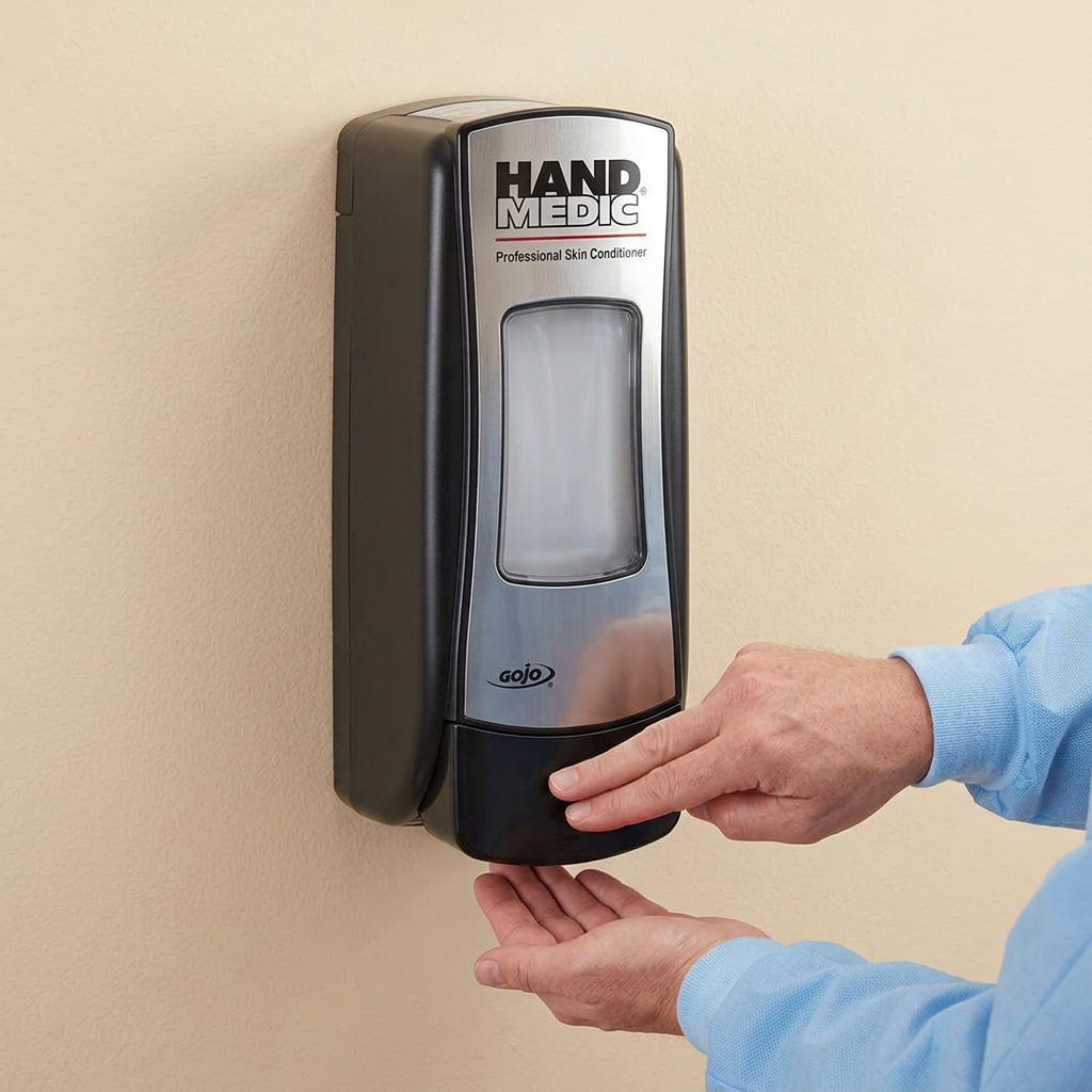 Manuel betjening af GOJO Hand Medic-dispenser med hånden under udløbet