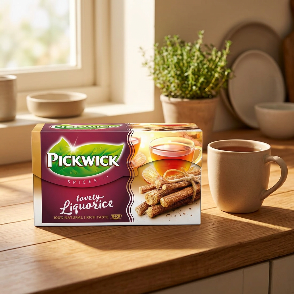Pickwick Lakrids med 20 breve ved en tekop i sollyst køkken