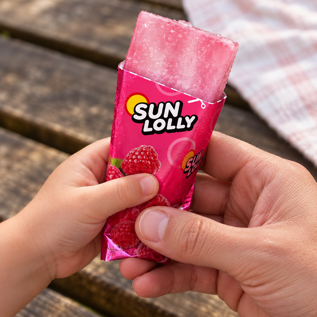 Nærbillede af Sun Lolly Hindbær-is i barnets og forælderens hænder