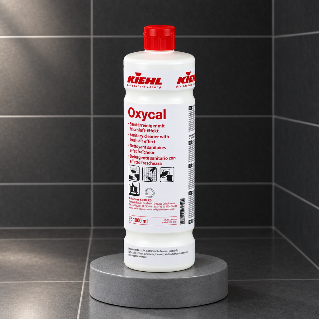 Kiehl Oxycal 1 L på grå sokkel foran mørke fliser