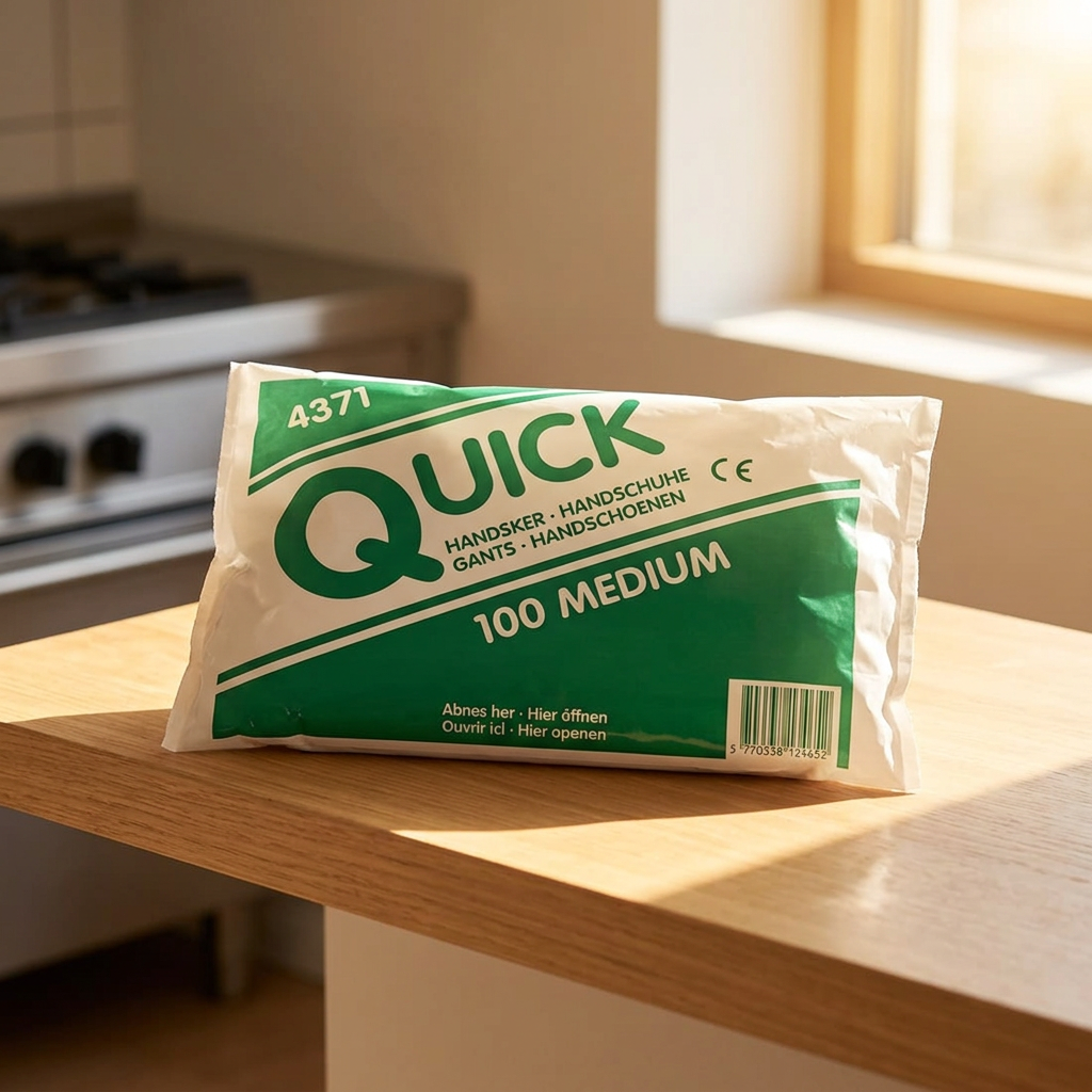 Pakke med Quick engangsplasthandsker M i et solbeskinnet køkken – stemningsbillede