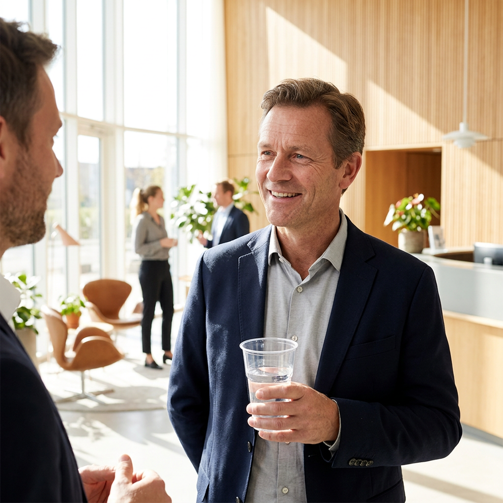 Voksen mand med et klart plastglas vand ved en reception