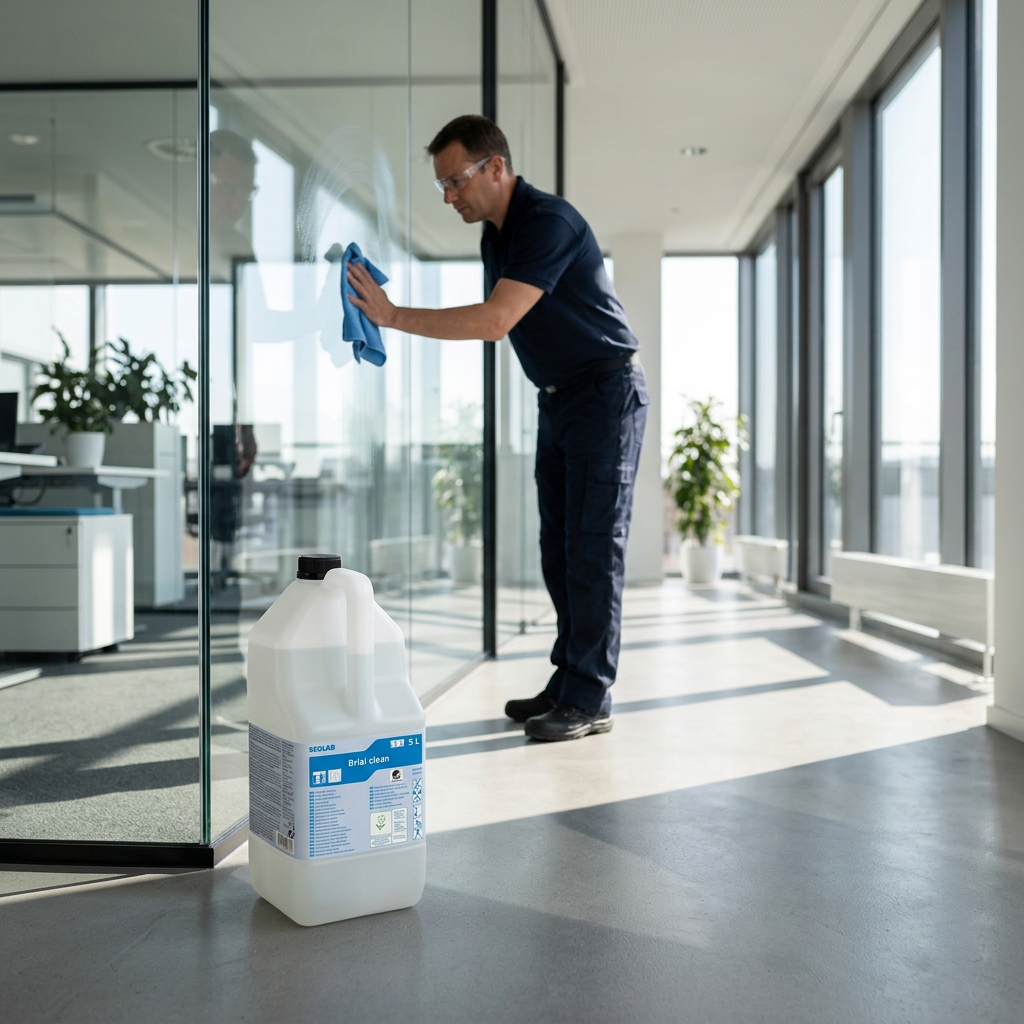 Brial Clean ved aftørring af glasparti med mikrofiberklud i sollys