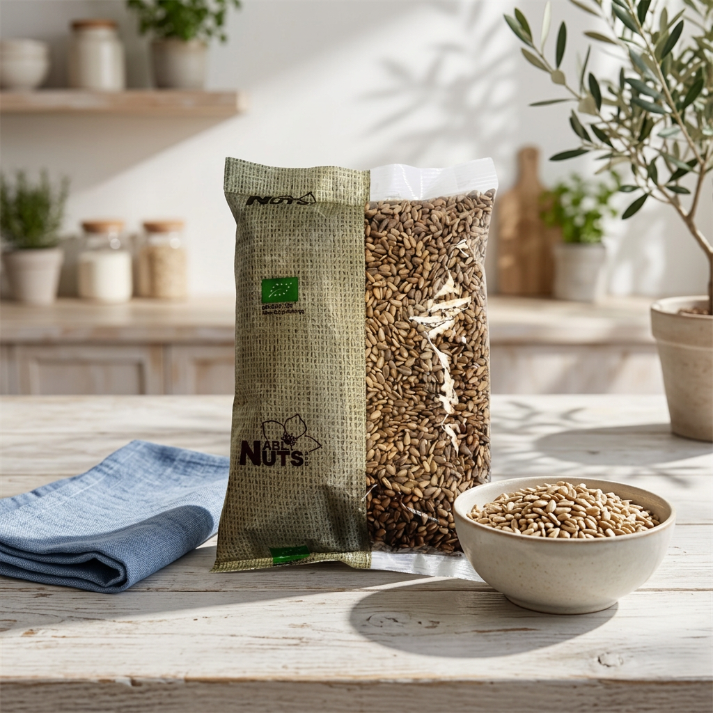 ABL Nuts økologiske solsikkekerner med skål og blåt viskestykke i solskin
