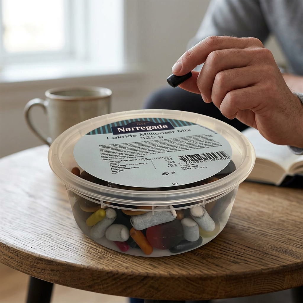 En lille lakrids holdes klar ved Millionær Mix-bøtten til kaffepausen