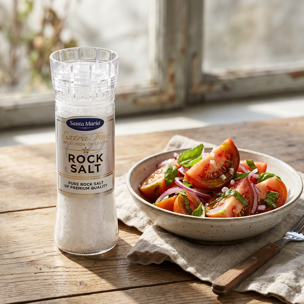 Santa Maria Rock Salt saltkværn ved tomatsalat i sollys