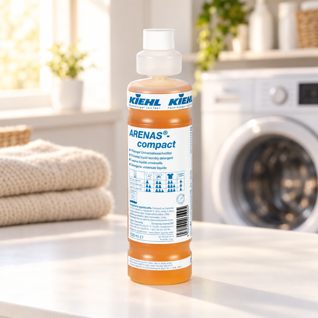 Kiehl Arenas Compact 1 L ved foldede uldtekstiler og vaskemaskine