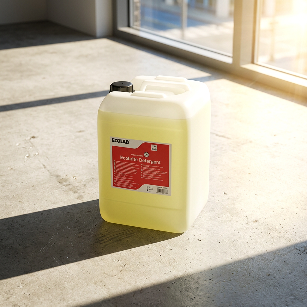 Ecobrite Detergent ved vaskeriets vindue i solskin, stemningsbillede
