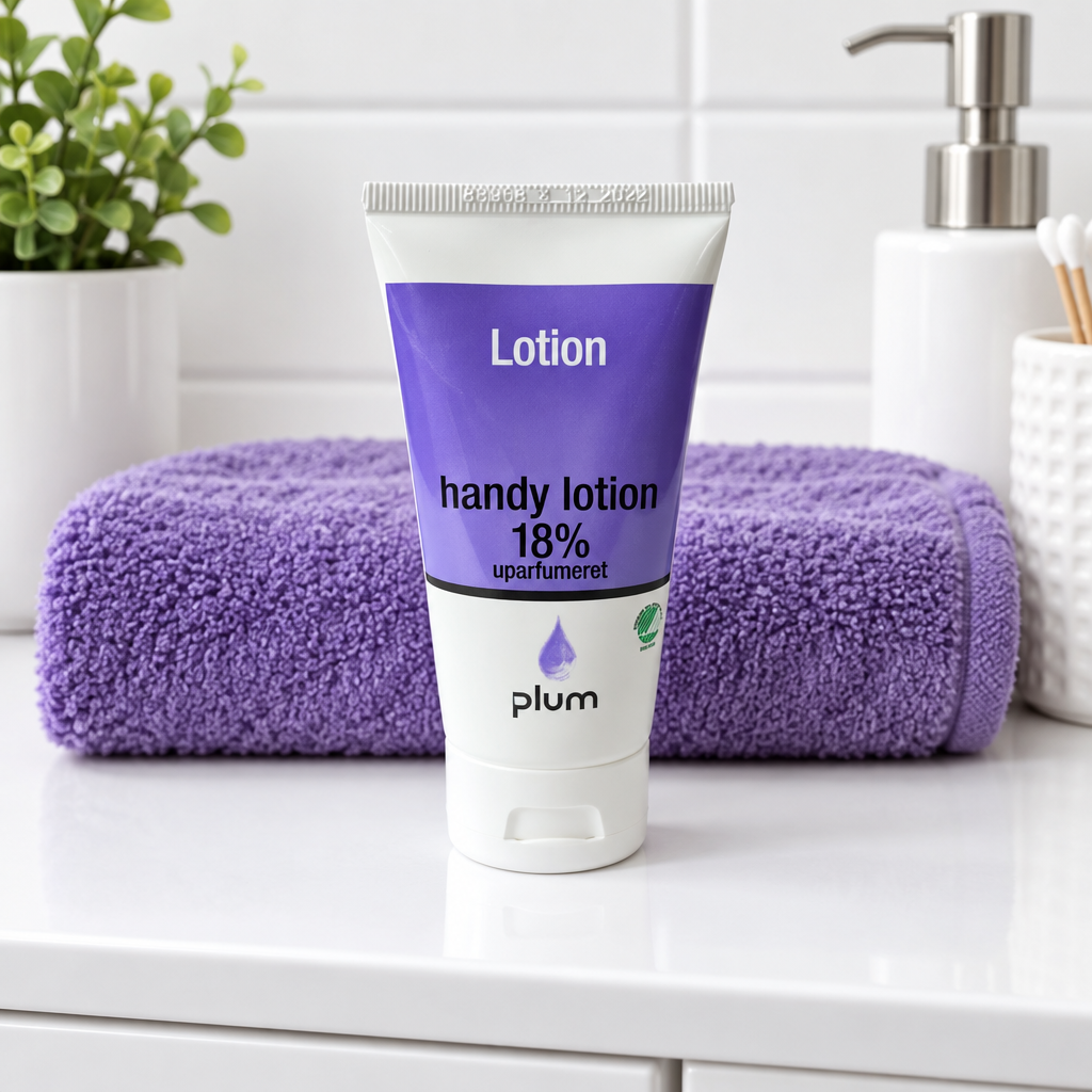 Plum Handy Lotion 18 % i hvid tube med lilla etiket ved lilla håndklæde