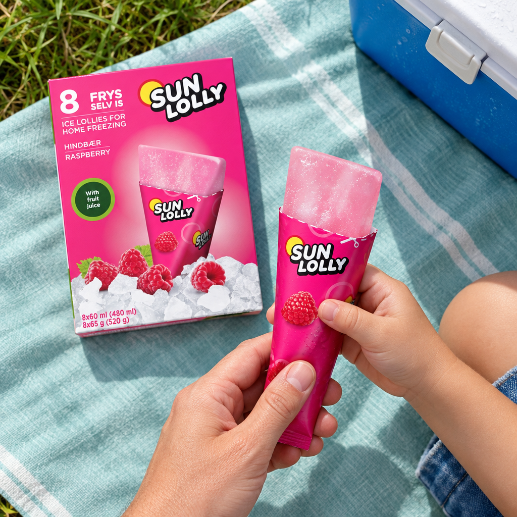 Sun Lolly Hindbær-æske og åbnet is på lyst picnictæppe ved køleboks