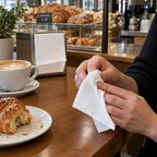 Aftørring af fingre med hvid papirserviet i bagercafé, stemningsbillede
