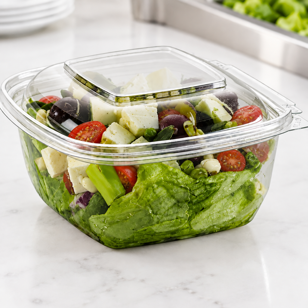 Nærbillede af klar salatbakke med låg, salatblade og røde tomater