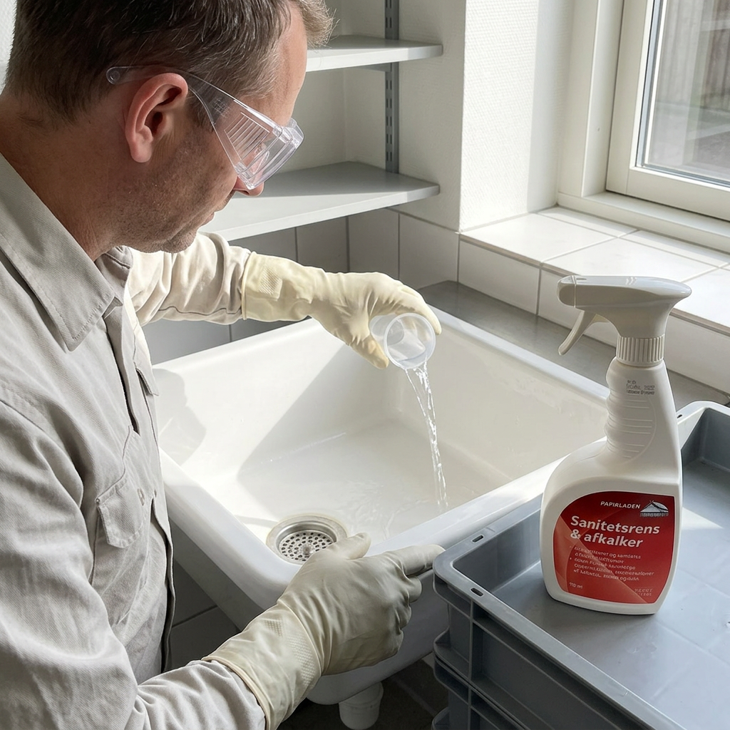 Stemningsbillede af medarbejder ved afskylning af håndvask med sanitetsrens stående ved siden af