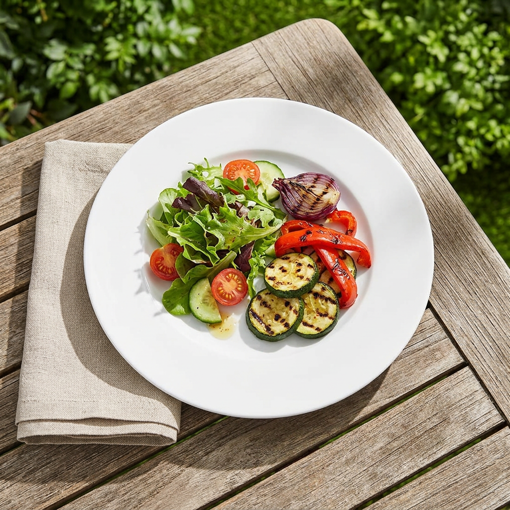 Hvid tallerken med salat og grillede grøntsager på havebord