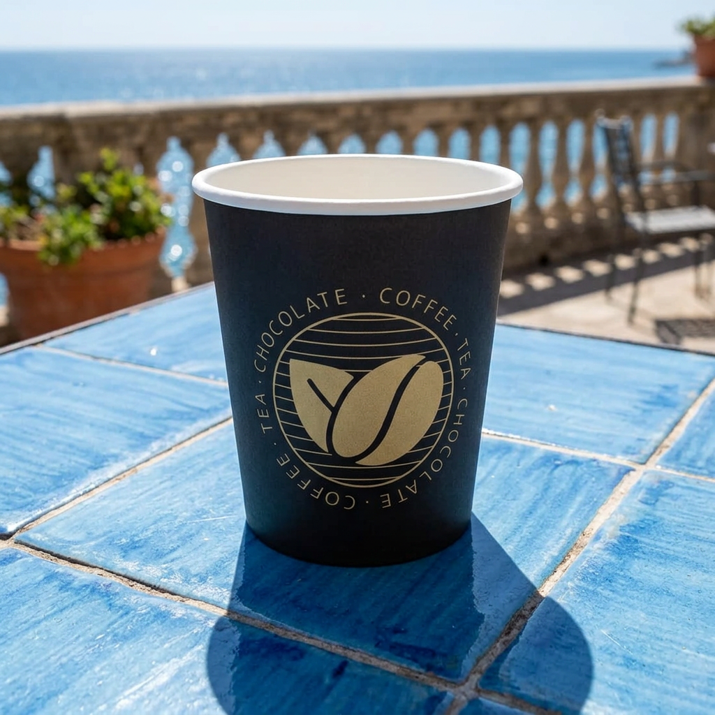 Sort Beans-kaffebæger på blåt cafébord ved solrig kystterrasse