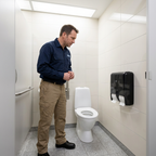 Voksen hånd tager toiletpapir fra sort Tork OptiServe T7-dispenser