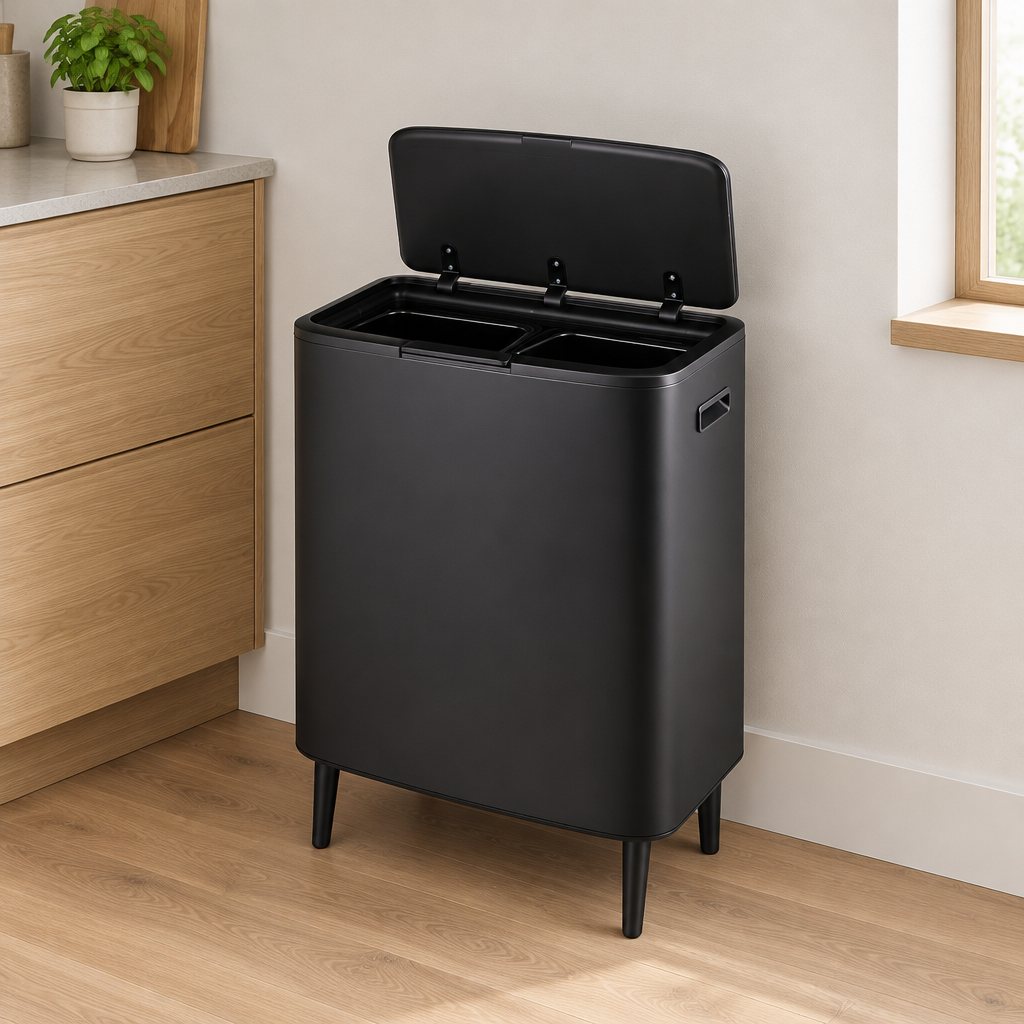 Stemningsillustration af Laguna 2 × 30 liter med åbent push-låg ved køkkenvæg