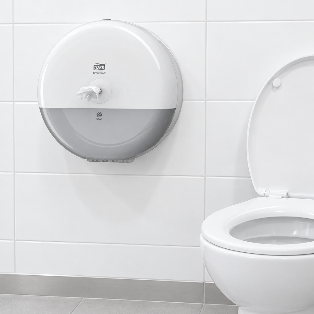 Hvid SmartOne T8-dispenser ved toilet i lyst rum