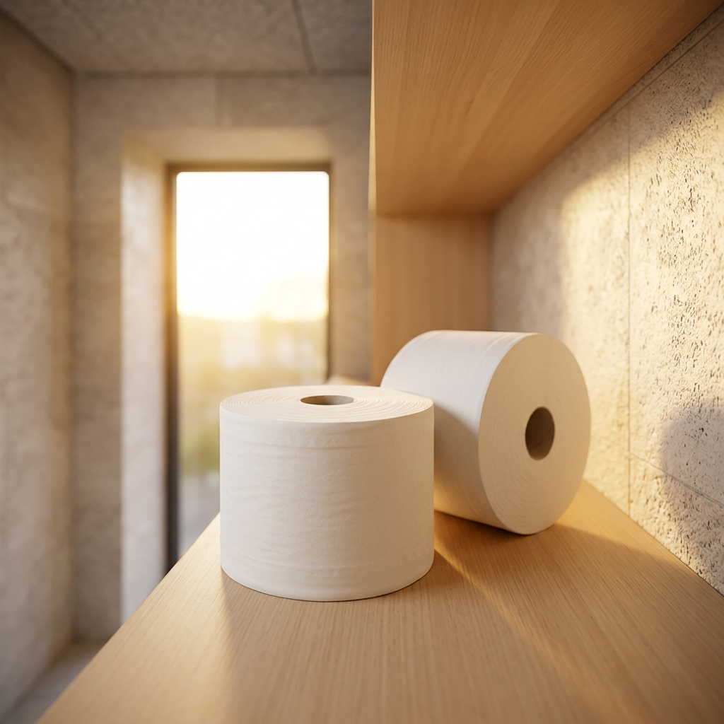 To hvide toiletruller på reservehylde i sollyst serviceområde, ikke fuld salgspakke
