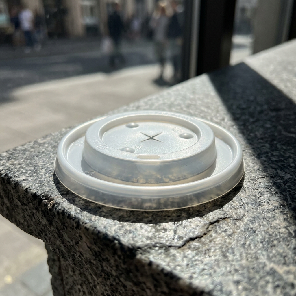 Løst bægerlåg på mørk stenkarm ved cafévindue i solskin