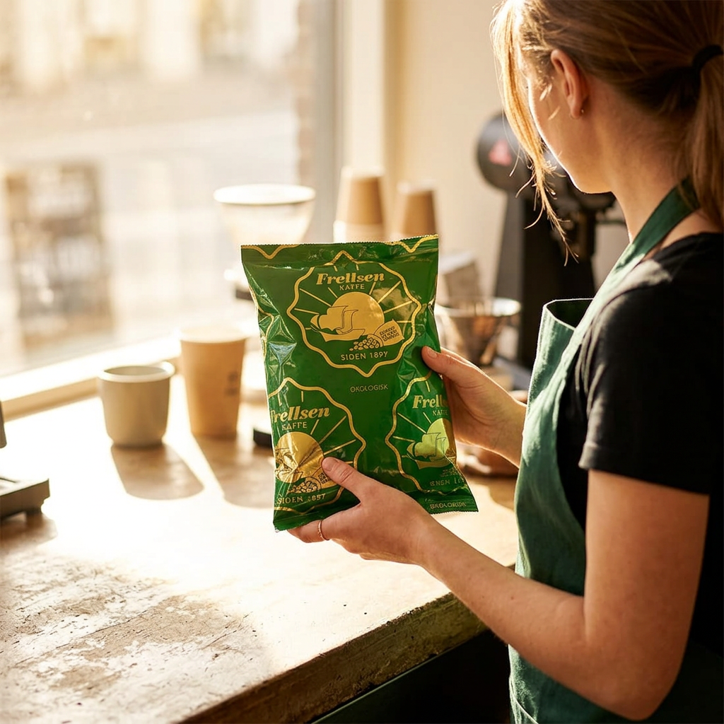 Voksen cafémedarbejder holder en Frellsen-kaffepose i solskin