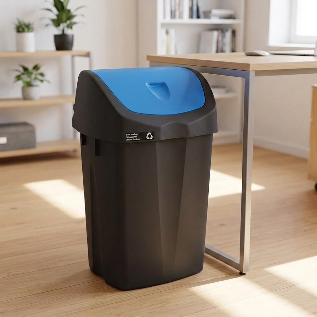 50-liters affaldsspand med blåt låg i hjemmekontor med naturligt lysindfald