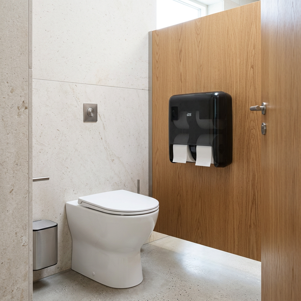 Sort Tork OptiServe T7-dispenser ved toilet i lys toiletkabine med træskillevæg