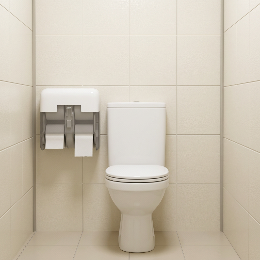 Hvid Tork OptiServe T7-dispenser ved toilet på cremefarvet flisevæg