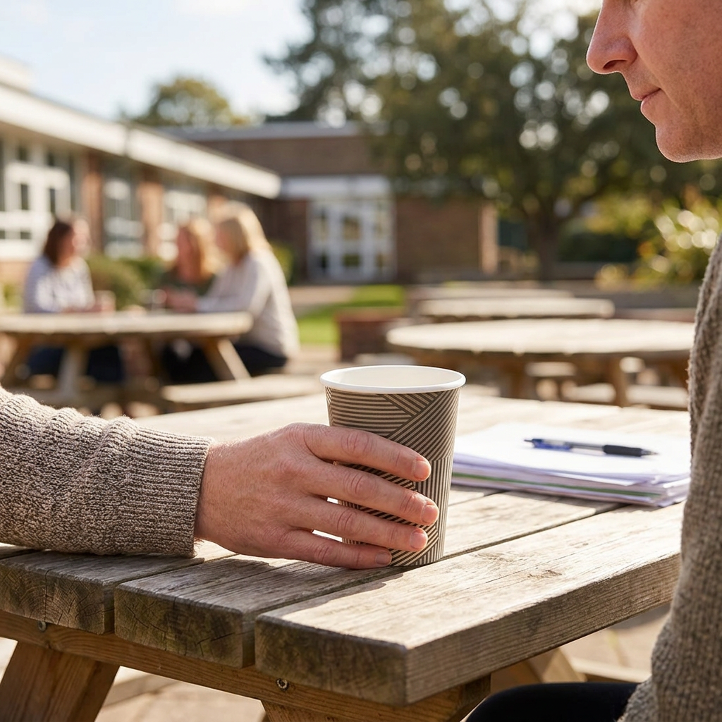 Voksen placerer ABENA Gastro Lines kaffebæger på bord på solrig skoleterrasse