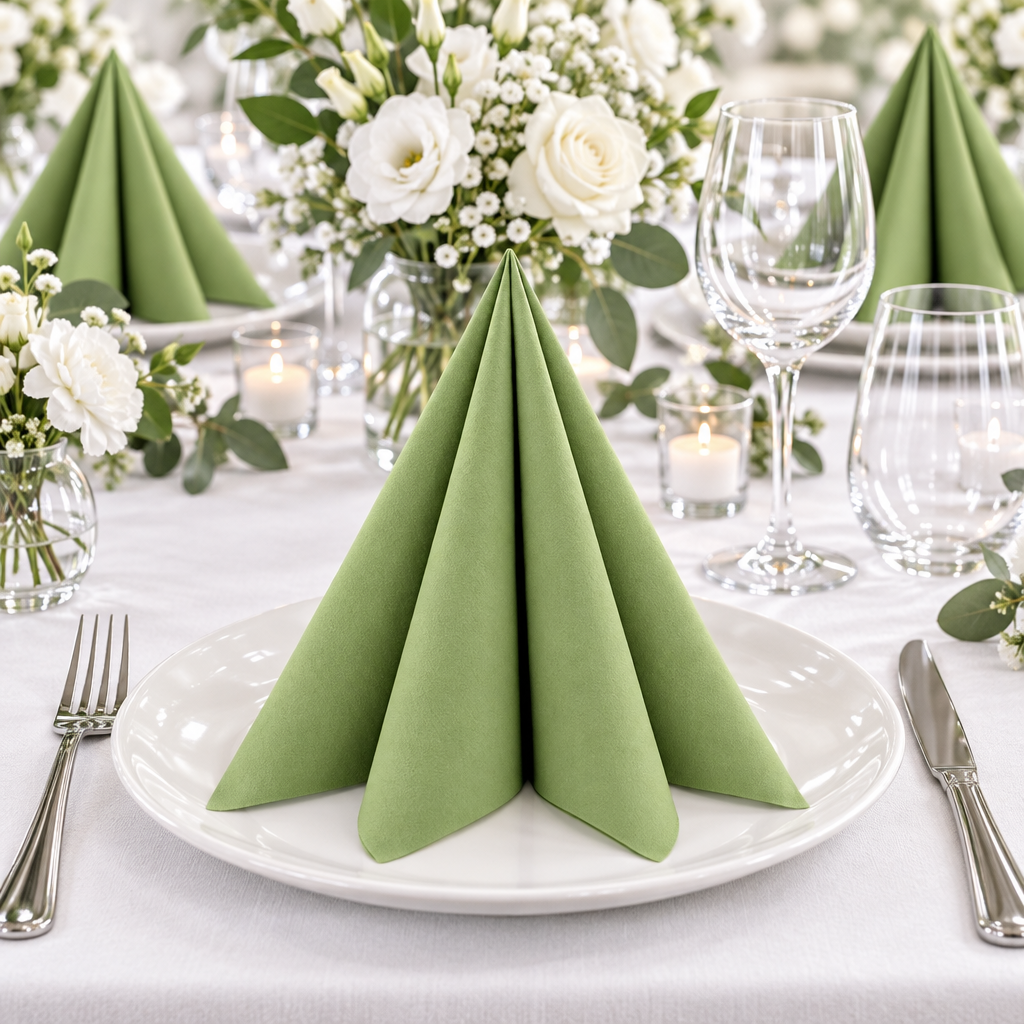 Festbord med olivengrønne Airlaid-servietter og hvide blomster