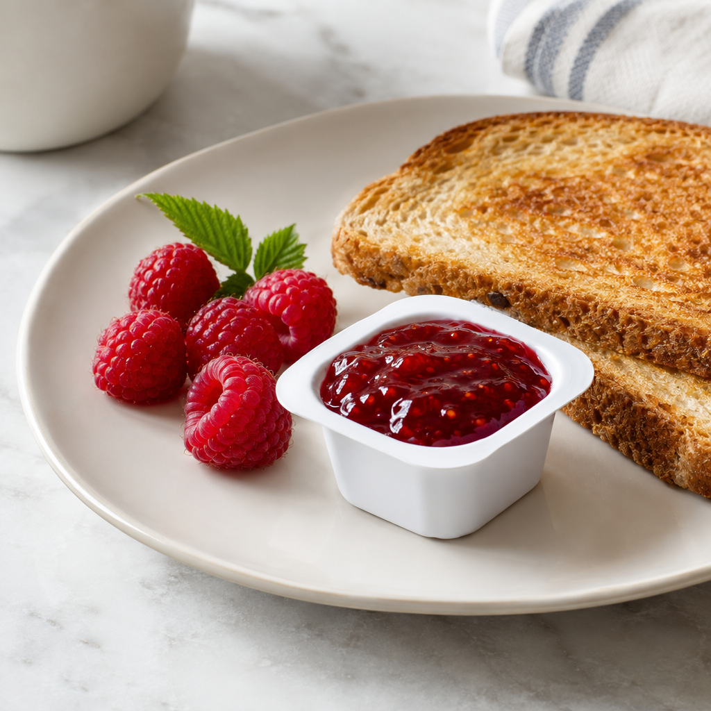 Stemningsbillede af hindbærmarmelade med brød på tallerken