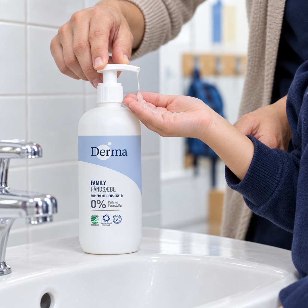 Voksen doserer DERMA Family håndsæbe i et barns hånd ved en håndvask