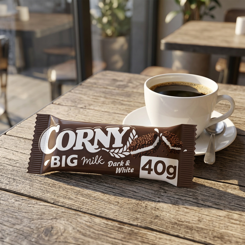 Corny Milk Dark & White 40 g ved en kop kaffe på cafébord, stemningsbillede