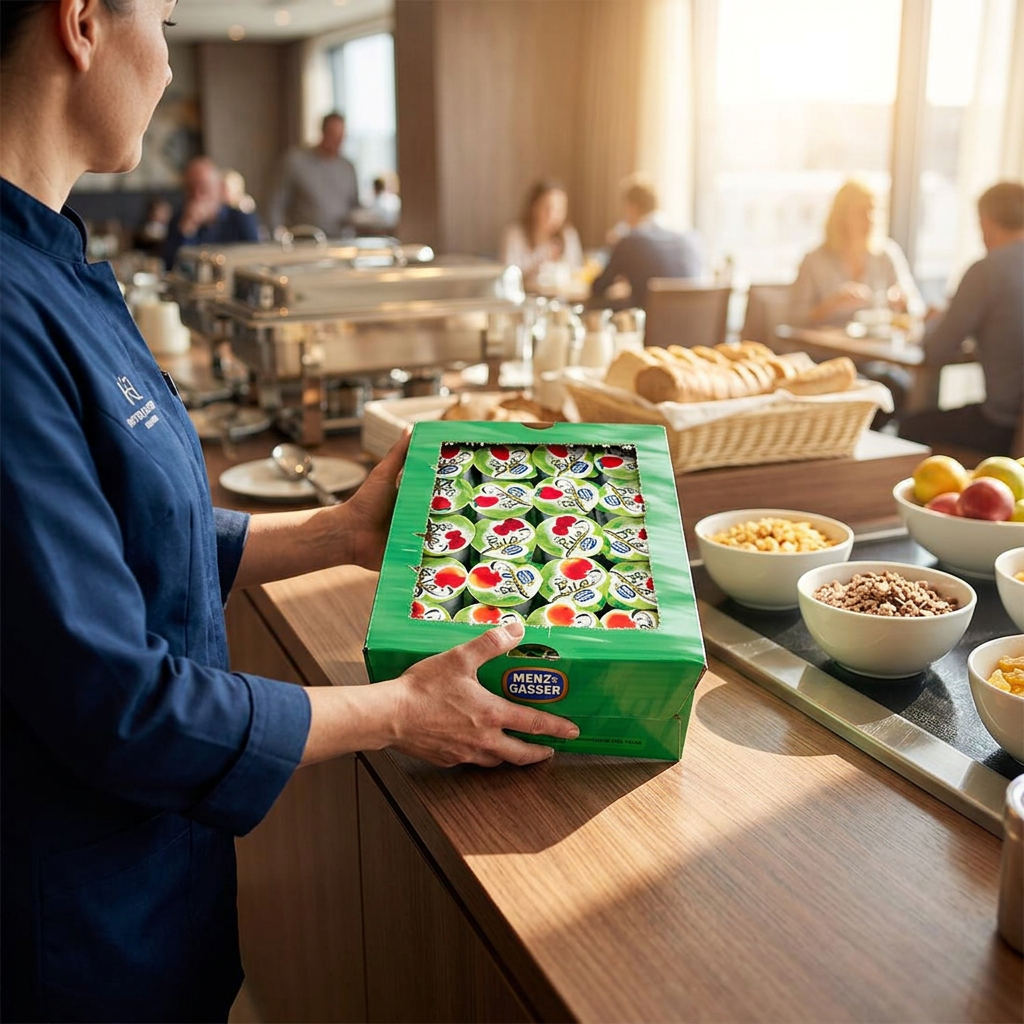 Medarbejder stiller karton med portionsmarmelader ved en solbelyst morgenbuffet