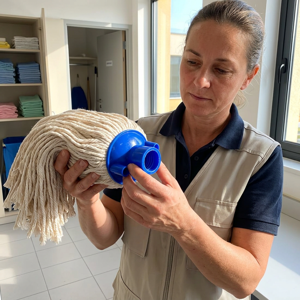Voksen med Basic moppehoved i hænderne, stemningsbillede