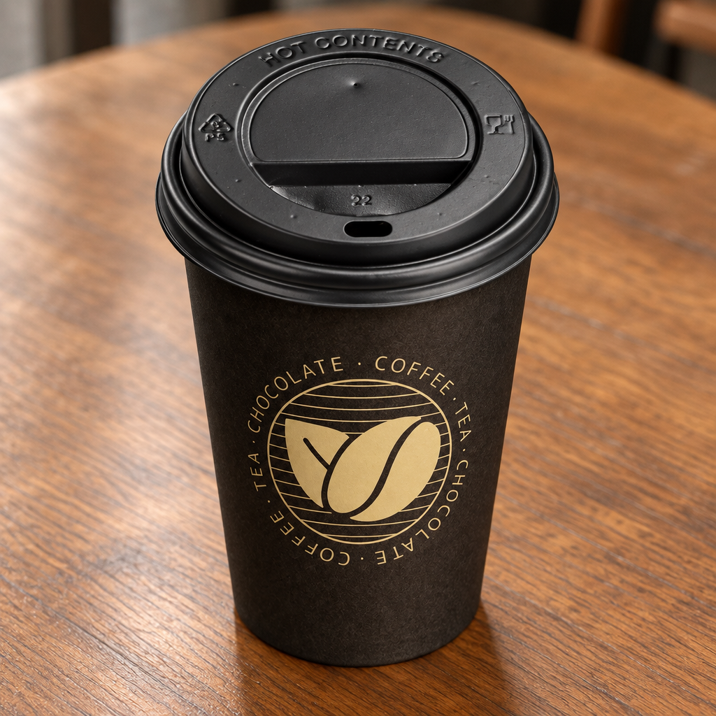 Sort låg 1434 på Beans To-Go kaffebæger 1405 ved cafébord