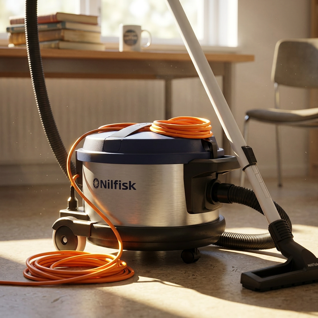 Nærbillede af Nilfisk VP930 Blue Pro HEPA i lyst personalerum med solskin. Genereret stemningsbillede.