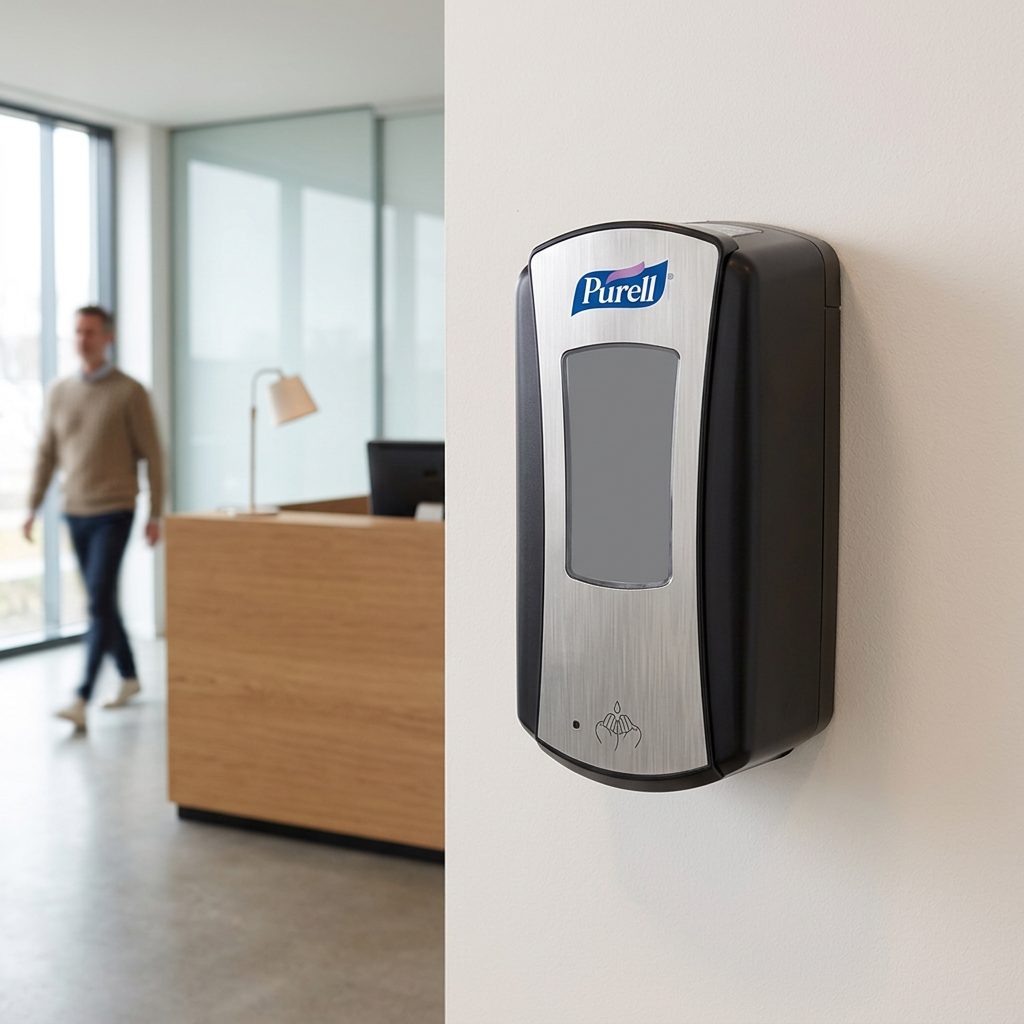 Purell LTX-12 i krom/sort ved reception med voksen i baggrunden