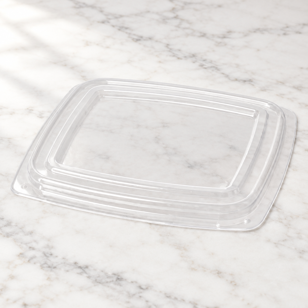 Transparent rektangulært plastlåg på lyst marmorbord