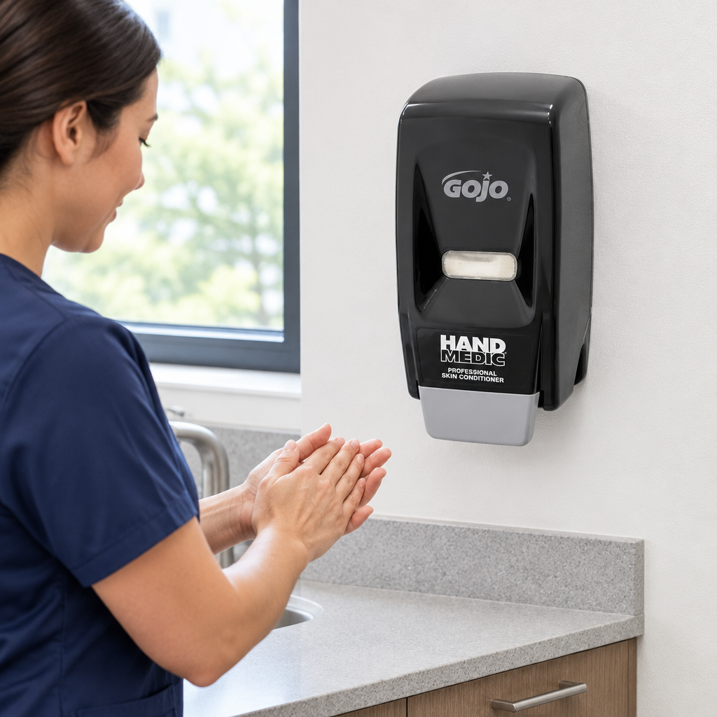 Illustreret håndpleje ved sort GOJO Hand Medic-dispenser