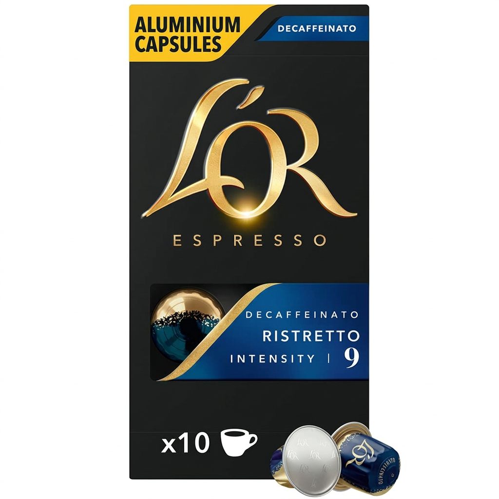 Forbedret originalversion af L’OR Ristretto Decaf 9 på hvid baggrund