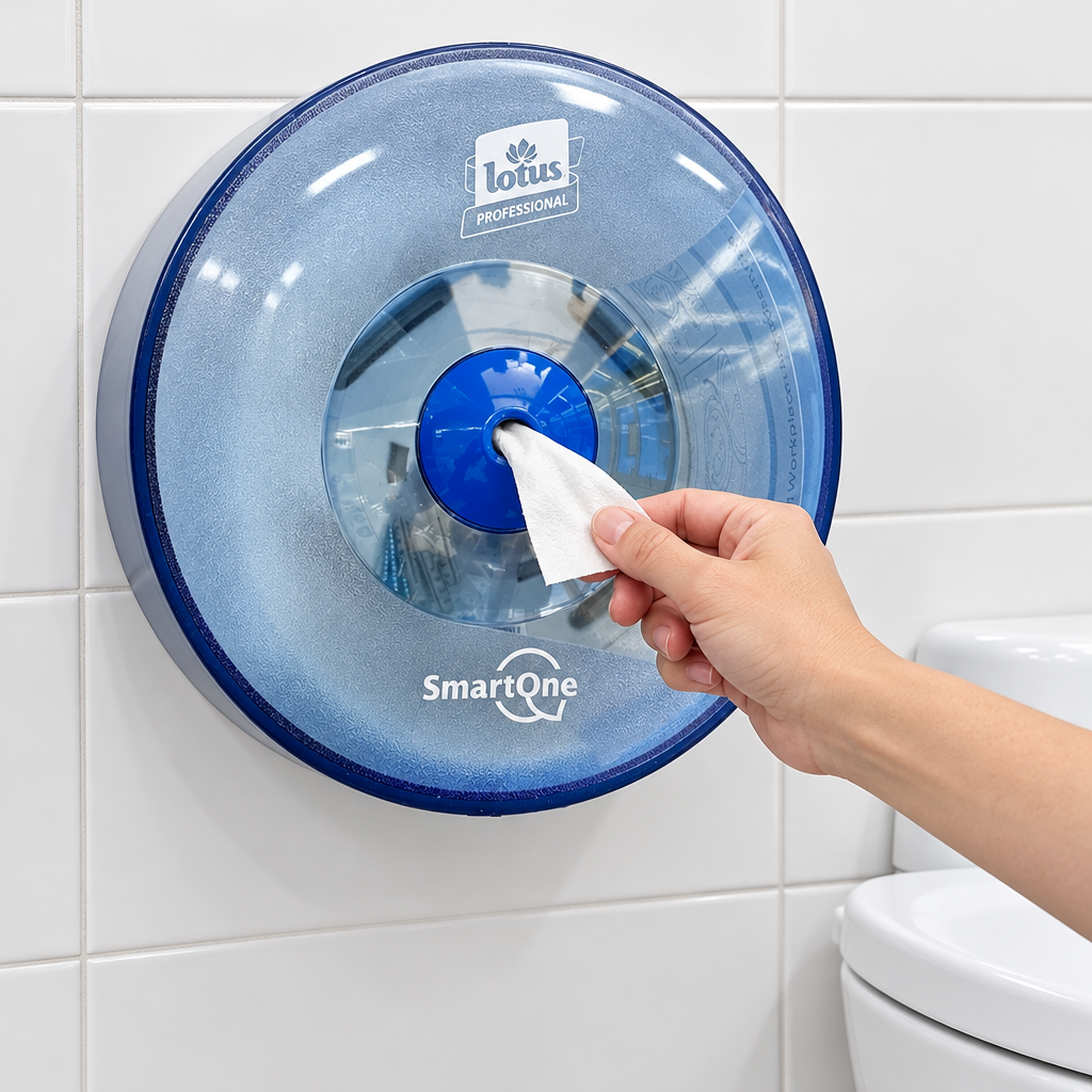 Blå Lotus SmartOne Mini T9-dispenser i brug ved toilet i hvidt rum